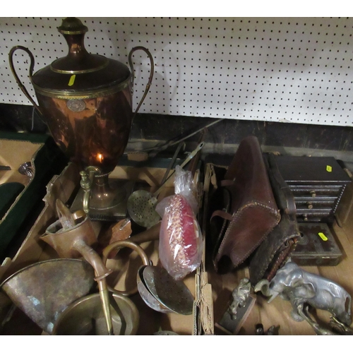 189 - Two boxes of metalware, to include a samovar, models of elephants etc