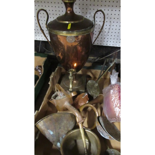 189 - Two boxes of metalware, to include a samovar, models of elephants etc