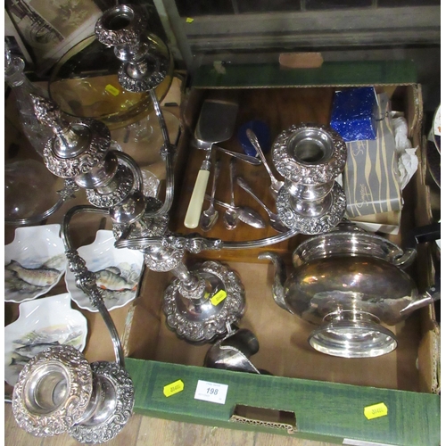 198 - A collection of silver plated items, to include candelabra, fish knives, canteen etc