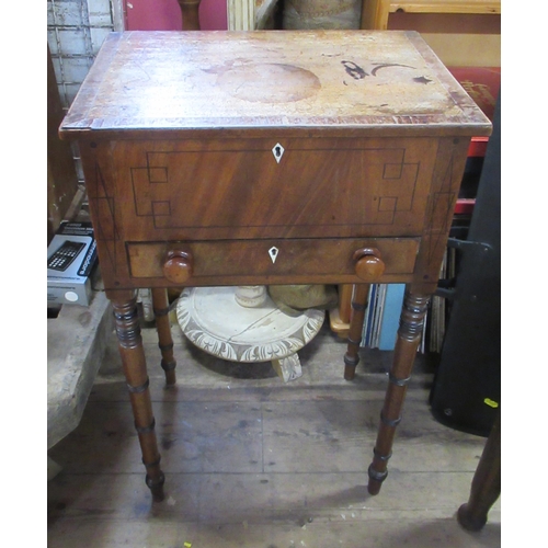 20 - A 19th century mahogany sidetable, with hinged top and drawer, raised on turned legs, 18ins x 12.5in... 