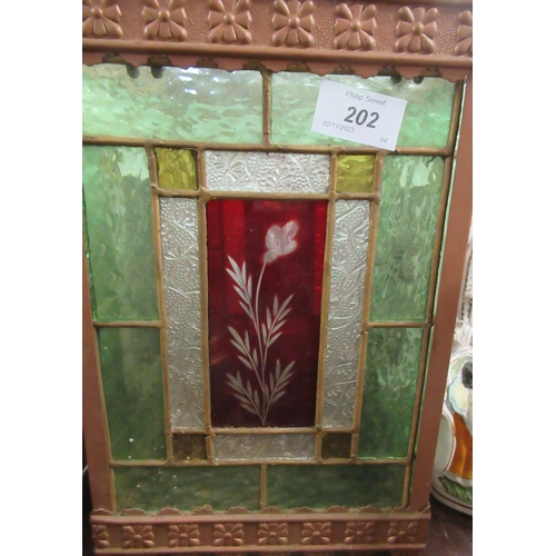 202 - A stained glass and metal hanging light fitting, of rectangular form, height 20ins