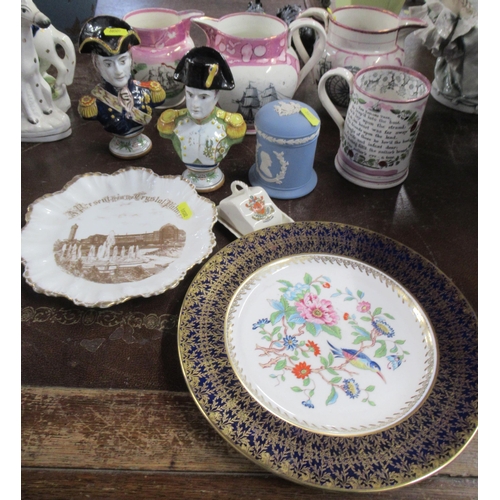 208 - Three 19th century Sunderland lustre jugs, together with a mug, two delft busts and other porcelain