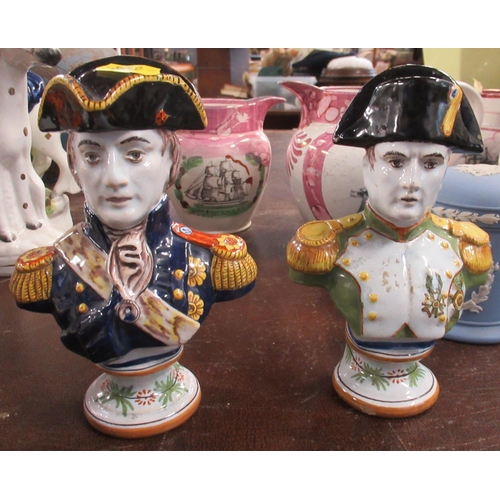 208 - Three 19th century Sunderland lustre jugs, together with a mug, two delft busts and other porcelain