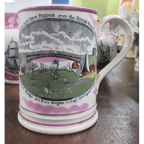 208 - Three 19th century Sunderland lustre jugs, together with a mug, two delft busts and other porcelain