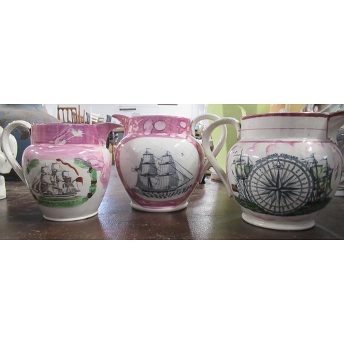 208 - Three 19th century Sunderland lustre jugs, together with a mug, two delft busts and other porcelain