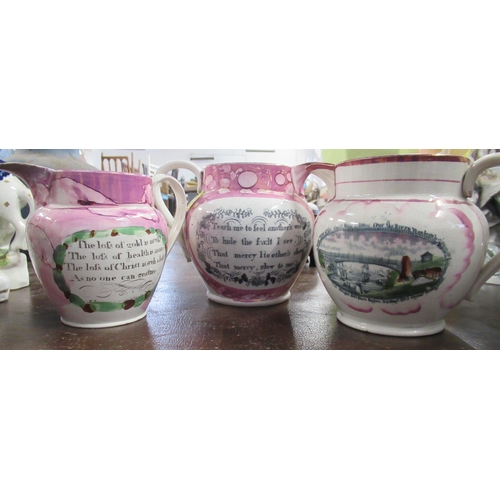 208 - Three 19th century Sunderland lustre jugs, together with a mug, two delft busts and other porcelain