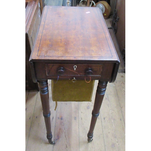 21 - A 19th century mahogany work table, with drop flaps, drawer and material covered basket, on turned l... 