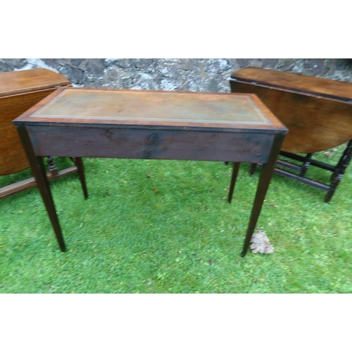 22 - A mahogany writing table, width 40ins, depth 18ins, height 30ins, together with 2 oak gate leg table... 