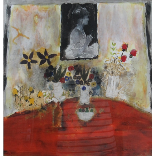 222 - Leo McDowell, mixed media, Portrait with Flower Table, 15ins x 14.5ins