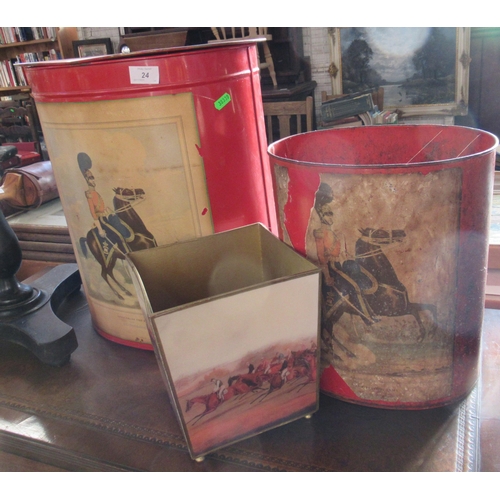 24 - Two red metal bins, one with lid, both with prints of 6th Inniskilling Dragoons, together with anoth... 