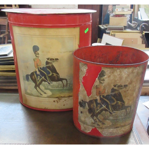 24 - Two red metal bins, one with lid, both with prints of 6th Inniskilling Dragoons, together with anoth... 