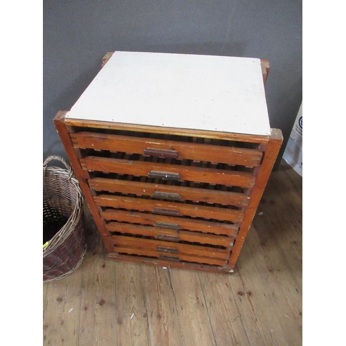 46 - A fruit rack, fitted eight drawers, width 28ins, height 35ins, depth 19ins, together with a basket