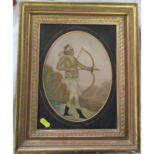 82 - A 19th century tapestry picture, of an archer, maximum diameter 8.25ins