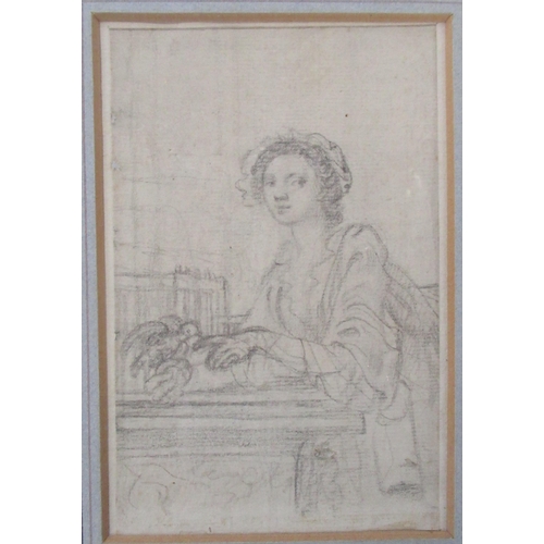 83 - Francis Hayman, pencil sketch, Lady with a dove, 6ins x 4ins