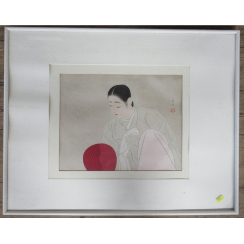 90 - Yamakawa Shuho, colour print, study of a Korean woman with a red fan, 11.5ins x 14.5ins