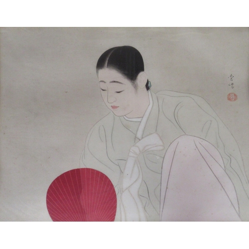 90 - Yamakawa Shuho, colour print, study of a Korean woman with a red fan, 11.5ins x 14.5ins