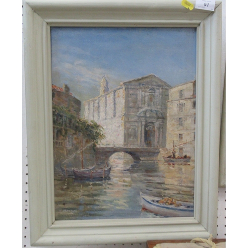 91 - Martigue, two oils on artist boards, Venetian scene and another, 16ins x 11.5ins and 12ins x 15.5ins