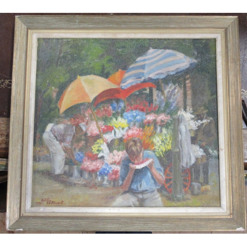 93 - A 20th century oil on artist board, boy eating a melon slice with flower cart behind, 12.5ins x 13.5... 