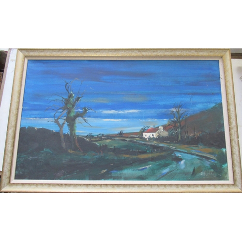 94 - Richard A Wills, oil on canvas, landscape with cottage and trees, 21.5ins x 35.5ins