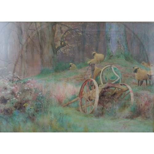 104 - George Marks, watercolour, a water bowser by a pump with sheep in a wooded landscape, signed and dat... 