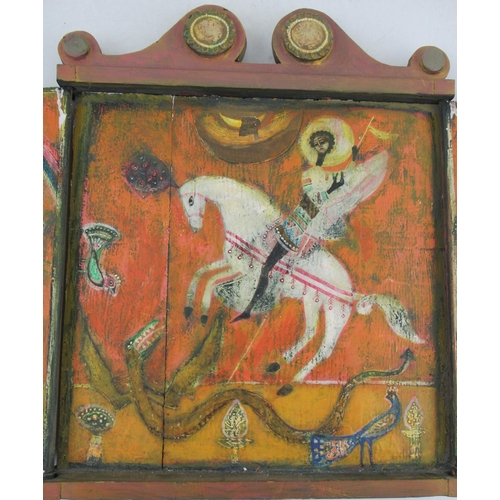 115 - James Martin, a wooden triptych decorated with St George and the Dragon, height 17ins