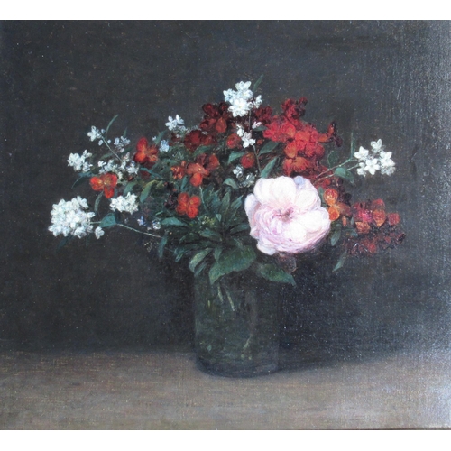 117 - In the manner of H Fantin Latour, oil on canvas, still life of flowers, 17ins x 19ins