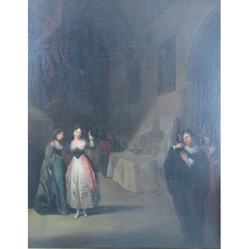 118 - A 19th century English School, oil on canvas, interior scene with figures, 21ins x 16.5ins