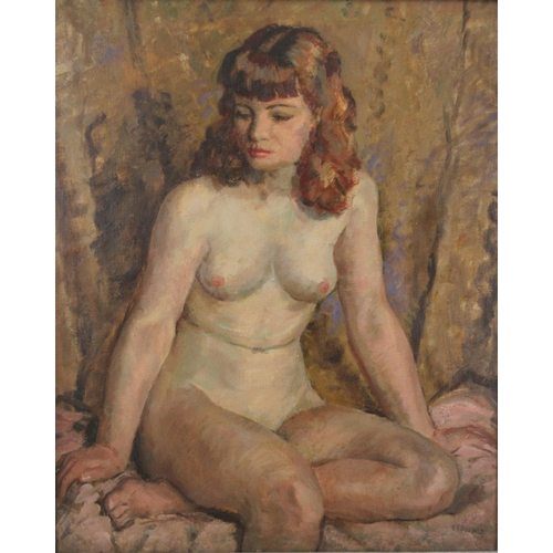 121 - Thomas Cantrell Dugdale, oil on canvas, portrait of a nude girl seated, 28ins x 23ins