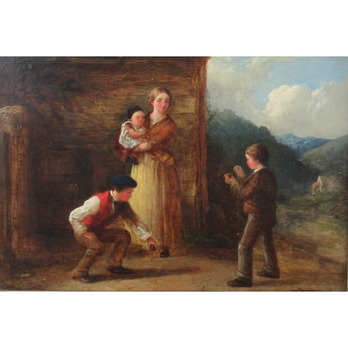 123 - William Bromley, oil on board, child playing with a ball outside a building, 10.5ins x 15.25ins, bea... 