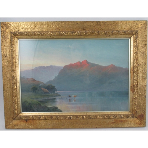 124 - L Leroux, pair of oil on paper, sunlight highland landscape with water, 12ins x 18ins