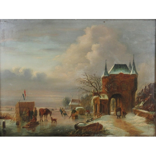 126 - A 19th century oil on board, a frozen lake with figures, a stall flying the Dutch flag with further ... 