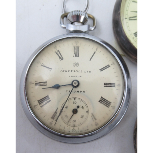 192 - Two silver cased pocket watches, together with an Ingersol pocket watch and two wrist watches