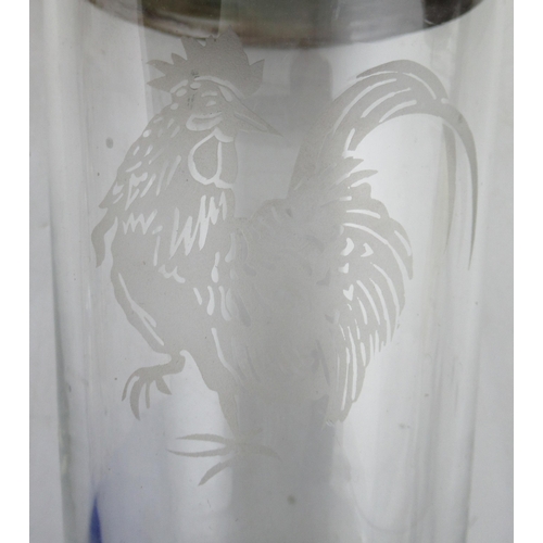 208 - A glass and silver plated mounted cocktail shaker, etched with a cockerel, together with other piece... 