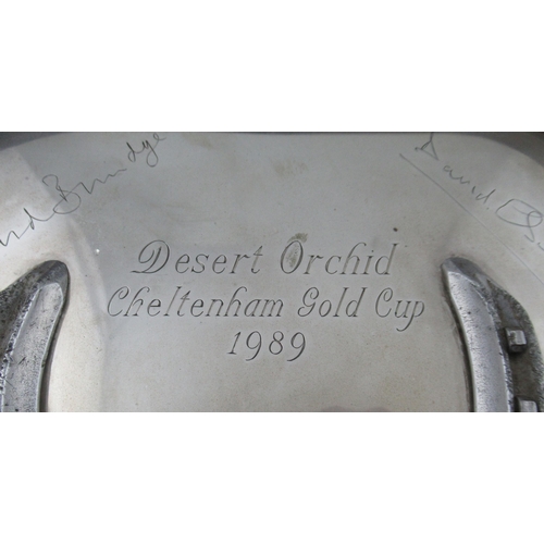 213 - Desert Orchid, A square silver tray, mounted with one of Desert Orchids racing plates and engraved D... 