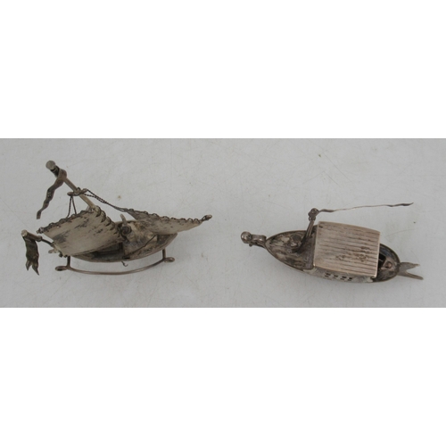 222 - Two Dutch silver miniature models, one of a boat with sails, the other with boat with cabin