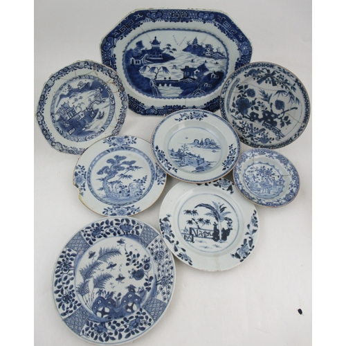261 - An 18th century Chinese plate, decorated with bamboo and a fence, together with another plate decora... 