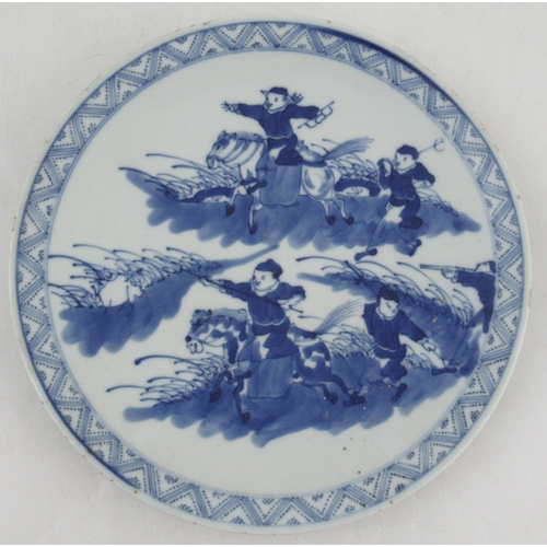 266 - A 19th century Chinese porcelain plate, decorated with boys on horse back and other figures hunting,... 