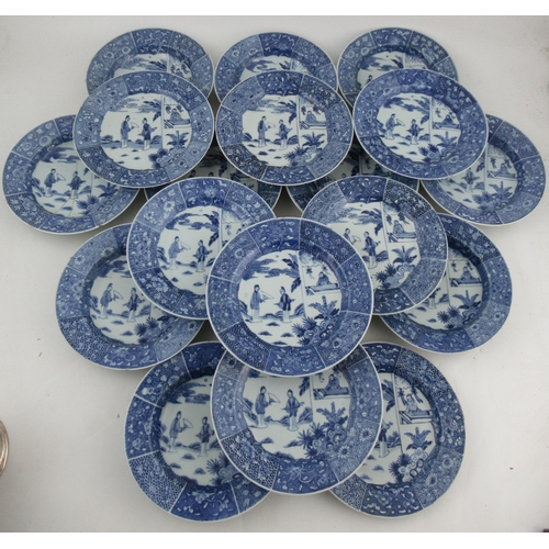 268 - Eleven Chinese porcelain soup dishes and eight plates, decorated with figures to a floral boarder, t... 