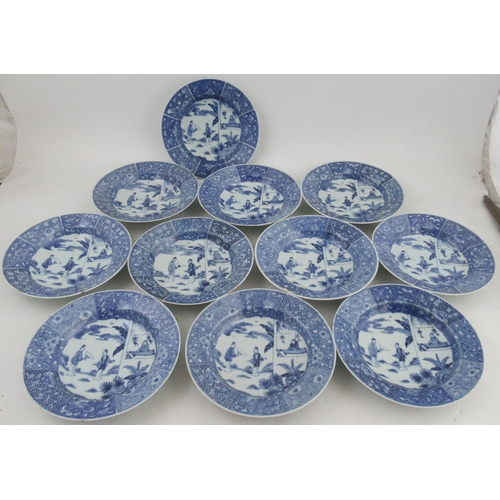 268 - Eleven Chinese porcelain soup dishes and eight plates, decorated with figures to a floral boarder, t... 