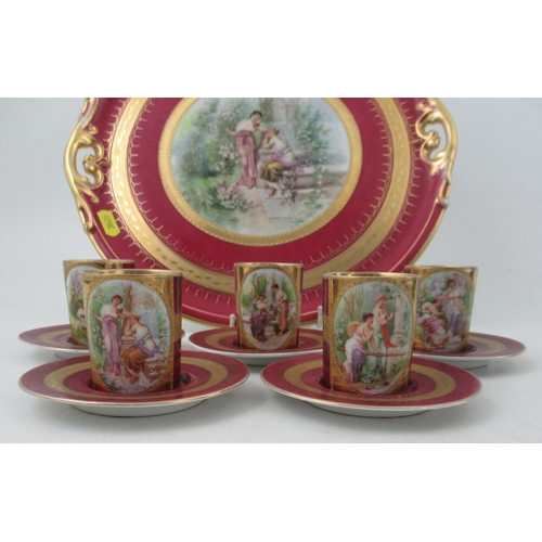 272 - A Continental porcelain circular tray and five coffee cans and saucers, all decorated with figures i... 