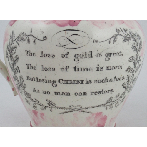 288 - A 19th century English porcelain luster jug, printed with a view of Ironbridge and text, height 7ins... 