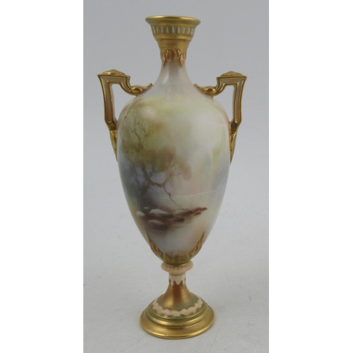 291 - A Royal Worcester pedestal vase, decorated all round with a landscape and stork by Lewis, shape numb... 