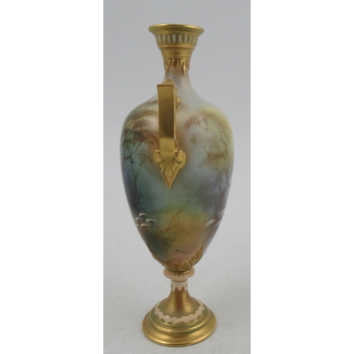 291 - A Royal Worcester pedestal vase, decorated all round with a landscape and stork by Lewis, shape numb... 