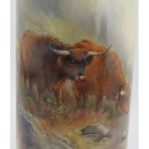 292 - A Royal Worcester cylindrical vase, decorated with Highland cattle in landscape by John Stinton, on ... 