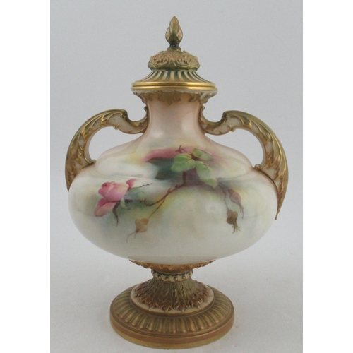 296 - A Royal Worcester covered bulbous vase, decorated with roses by R Austin, shape No 2032, finial rest... 