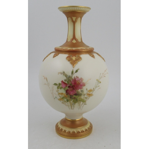 299 - A Royal Worcester ivory spherical vase, decorated with shot silk roses, shape No. 1851, height 10ins