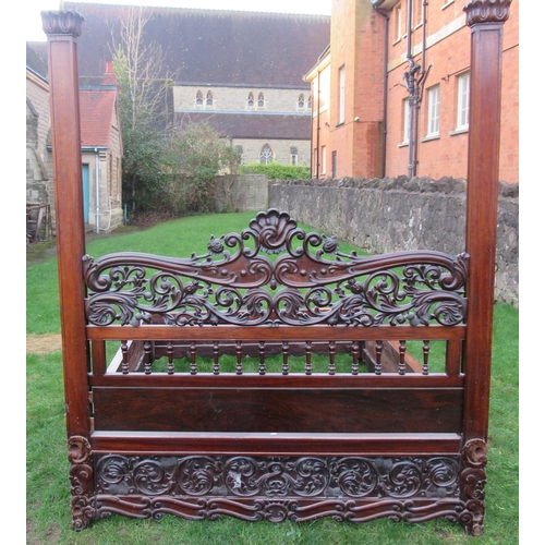 3 - An Antique carved rosewood double bed, carved with thistles and scrolls, width 66ins, length 84ins, ... 