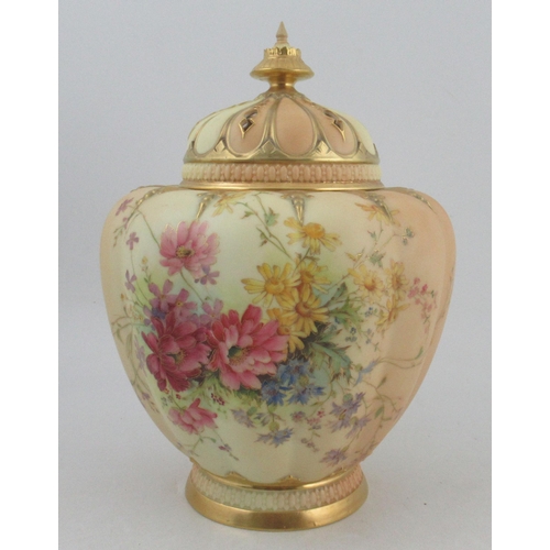 304 - A Royal Worcester blushed ivory pot pourri, with associated cover, decorated with flowers, lacking a... 