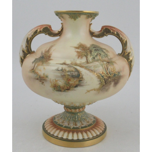 307 - A Royal Worcester blush ivory covered vase, decorated in gilt and in colours with a landscape, shape... 