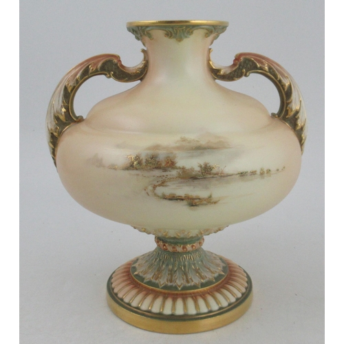 307 - A Royal Worcester blush ivory covered vase, decorated in gilt and in colours with a landscape, shape... 